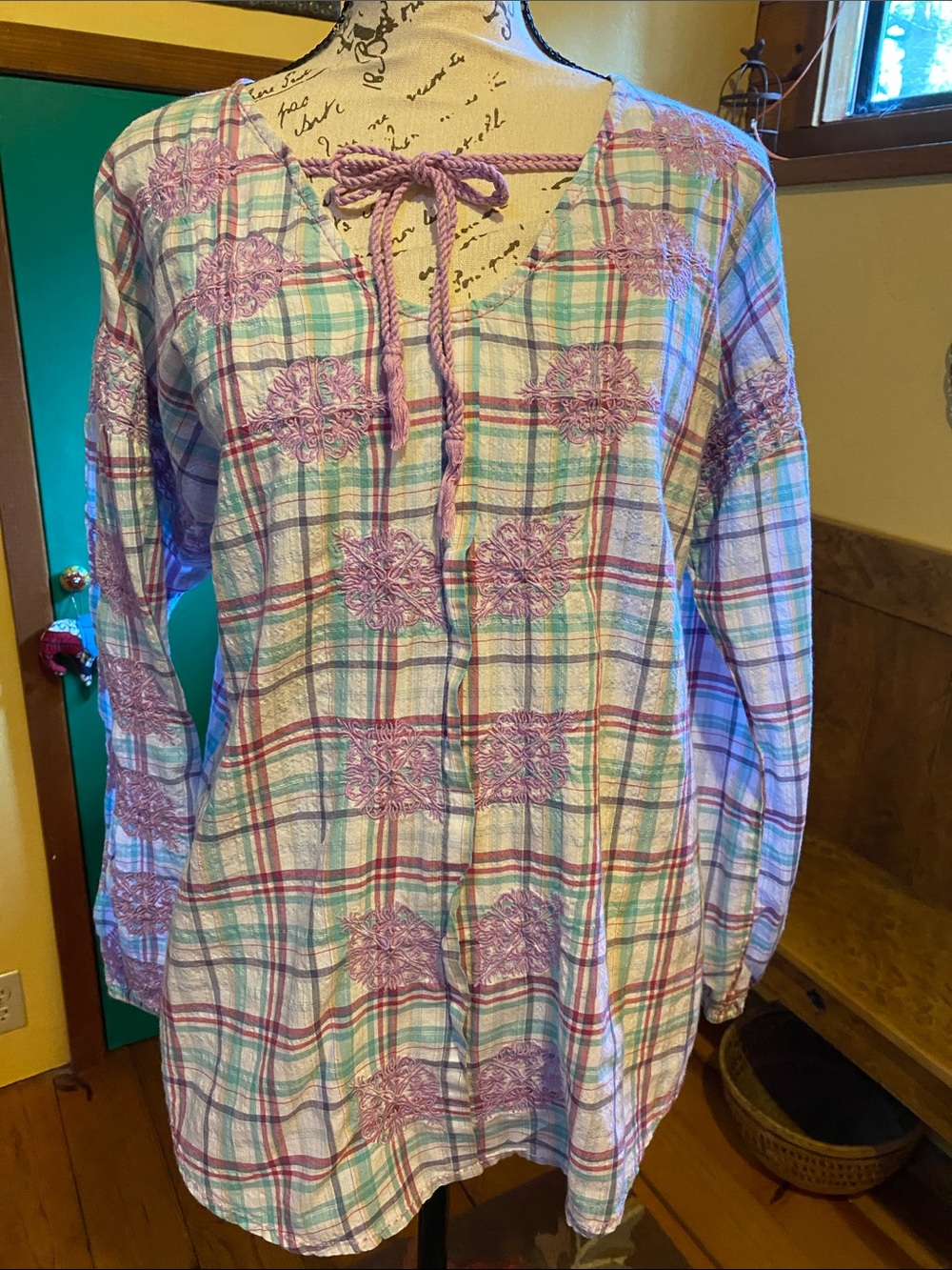 Sundance Embroidered Cotton Plaid Blouse